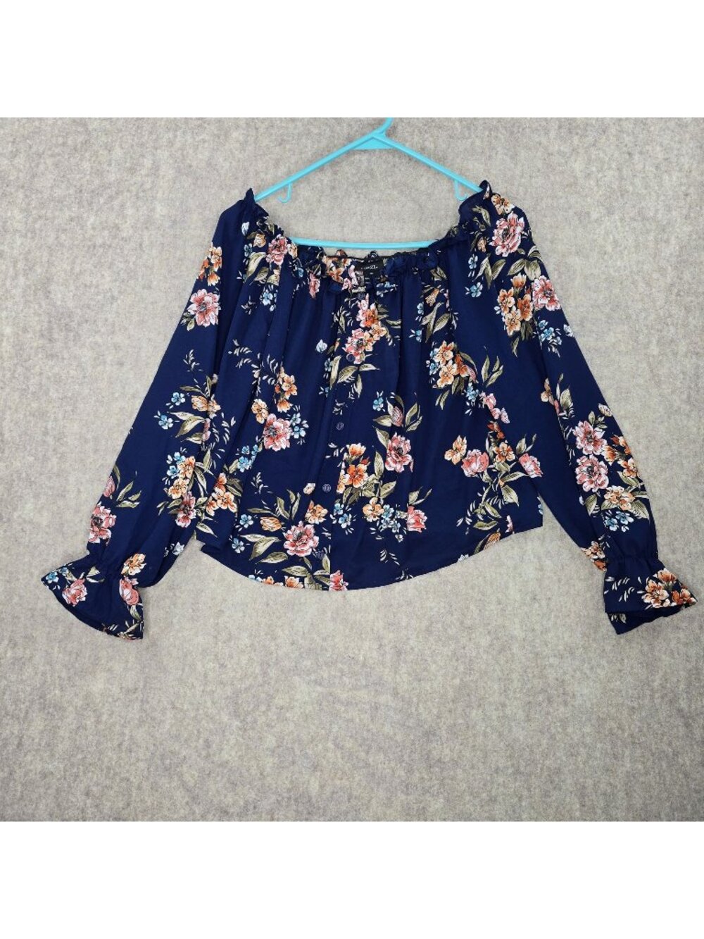 Rue21 Women Floral Off-The-Shoulder Navy Blouse Size M Polyester Long Sleeve